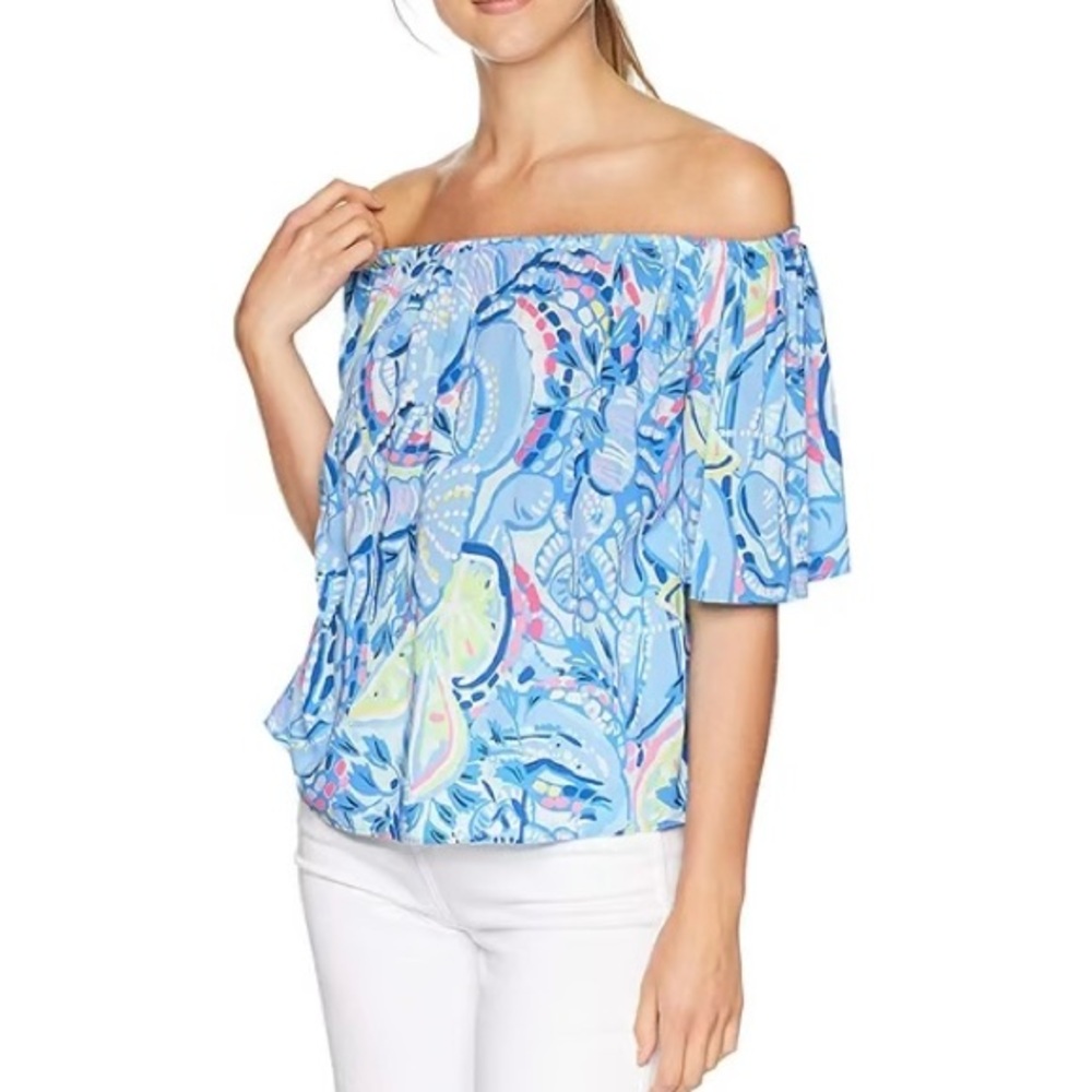 Lilly Pulitzer Sain Off-Shoulder Blouse in “Blue Peri Pinch Pinch” Print